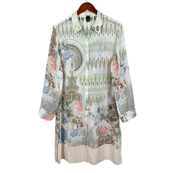 Chicos Tunic Shirt Longer Length Top Semi Sheer White Green Women's 2 L 12 - Picture 1 of 11
